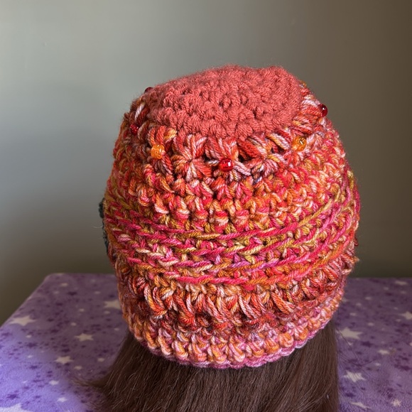 Crochet flower orange beanie medium soft acrylic yarn new - Picture 5 of 9
